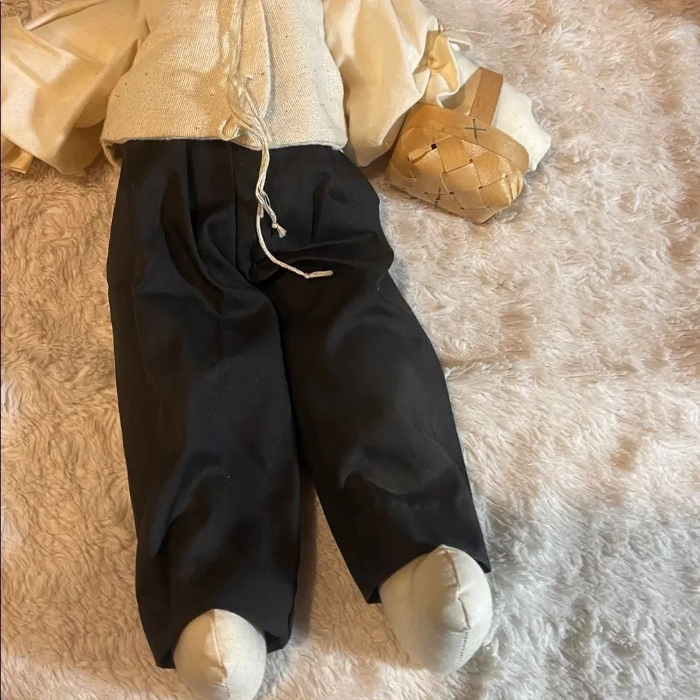 Handcrafted  amish Plush Doll with Black Pants and Cream Shirt